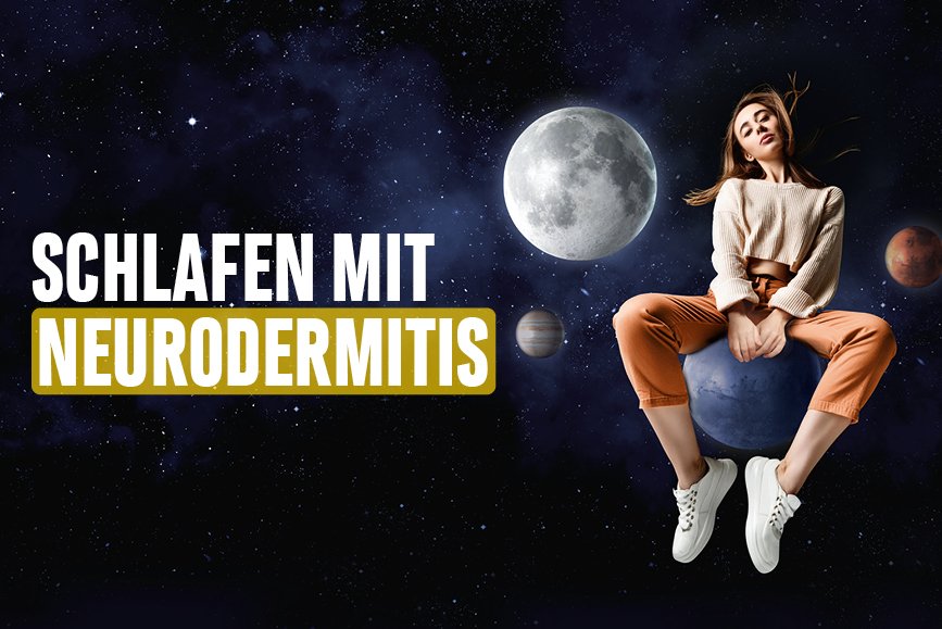 Frau sitzt auf einem Planeten im Universum: Abendroutine mit Neurodermitis