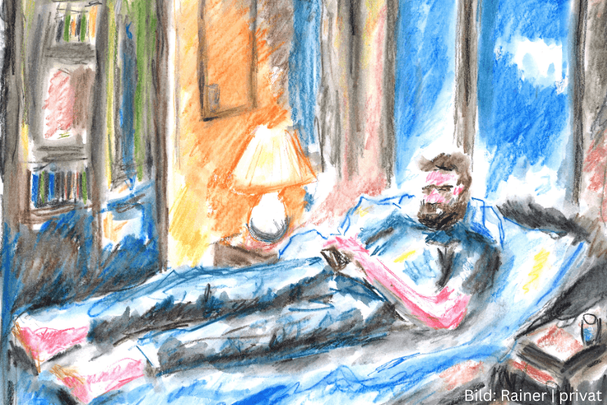 gezeichnetes Selbstporträt zeigt die Schwierigkeiten beim Einschlafen mit Neurodermitis