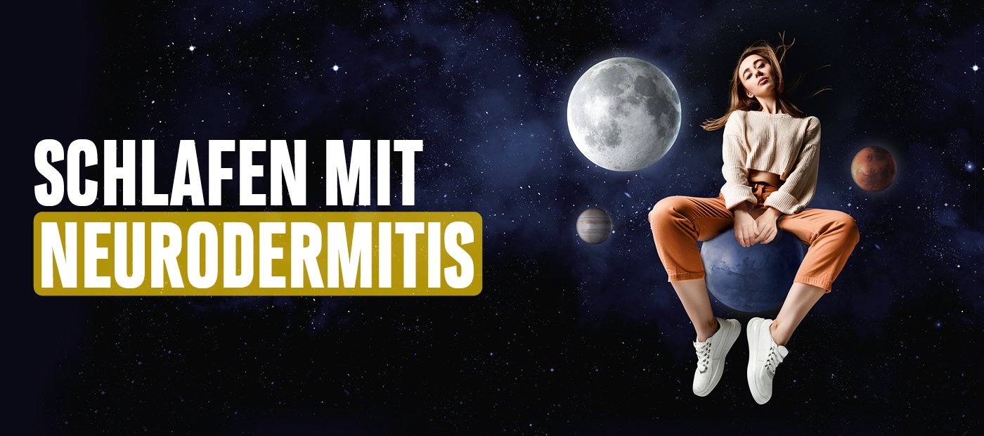Frau sitzt auf einem Planeten im Universum: Abendroutine mit Neurodermitis