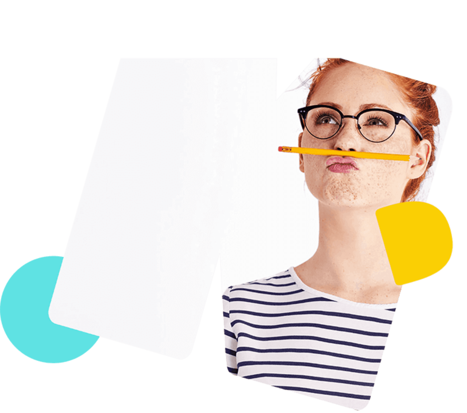 Eine Frau blickt nachdenklich nach oben, mit einem Bleistift zwischen Nase und Oberlippe geklemmt.